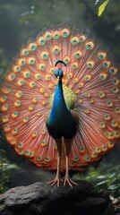 Obraz premium Majestic Peacock Displaying Vibrant Feathers Amidst Lush Greenery in a Serene Forest Environment, Capturing Nature's Colorful Beauty and Graceful Presence