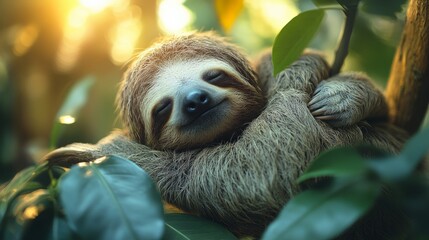 Naklejka premium Adorable Sloth Relaxing in a Lush Green Jungle, Bright Sunlight Filtering Through Tropical Leaves, Peaceful Wildlife Scene