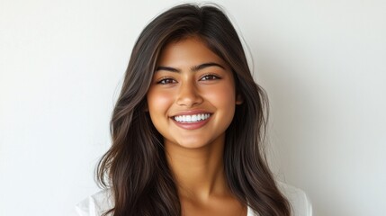 Fototapeta premium A woman with long brown hair is smiling and wearing a white shirt