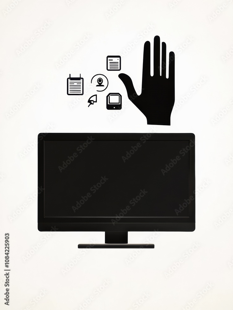 Fototapete a hand is reaching out to a computer screen that shows various icons related to settings, security, 