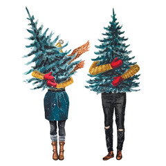 Naklejka premium Vector freehand watercolor Illustration of a Family couple holding Christmas tree isolated on a white background. Xmas watercolour hand drawing. Postcard
