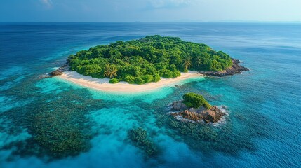 Fototapeta premium Aerial view of beautiful Island with beach, turquoise sea and coral reef