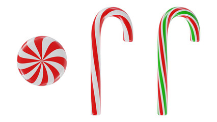 Christmas Candy Cane Set with Peppermint Swirl on Transparent Background.