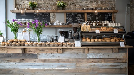 Obraz premium Charming rustic cafe with specialty coffee drinks and bakery displays filled with tarts and pies