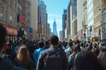 Obraz premium Man Walking Through City Crowd, Back View, Skyscrapers