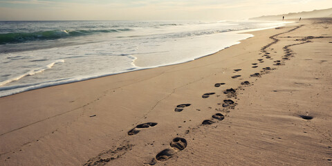Fototapeta premium Soft abstract image of overlapping footprints on sand with gentle hues and copy space on the side. concept as Overlapping footprints of a group on sandy terrain depicted with soft hues and abstract ef