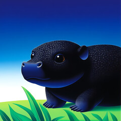 Cute baby pygmy hippo sitting on green grass under blue sky, showcasing its round face and large eyes, evoking sense of wonder and joy