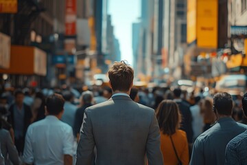 Fototapeta premium Man Walking Through City Street with Shadow