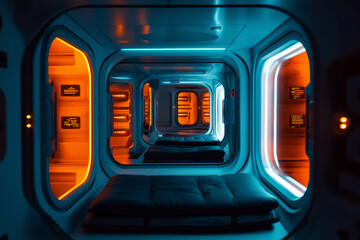 Fototapeta premium A futuristic capsule hotel interior with glowing capsules and a modern aesthetic.