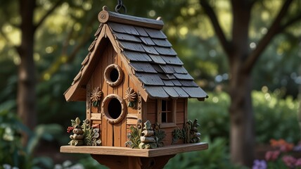 A charming wooden birdhouse with a shingled roof and decorative accents hangs from a tree branch in a lush garden.