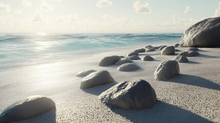 Calm Beach with Sunlit Sand and Smooth Coastal Rock