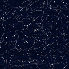 Captivating starry night sky seamless pattern with white constellations and dotted stars on a deep blue background. Swirling, cosmic details, depth, celestial, mysterious ambiance. 