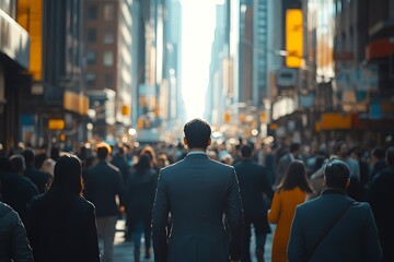 Obraz premium Man Walking Towards Bright Future on Busy City Street