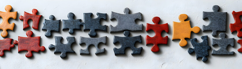 Obraz premium Plain background with individual puzzle pieces scattered copy space on top. concept as Plain background with individual puzzle pieces scattered representing the foundation of teamwork and the importan