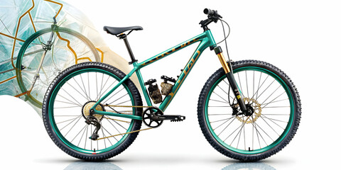 Fototapeta premium Vector image of a mountain bike with trail map overlay isolated on white background. concept as A dynamic vector illustration of a mountain bike with a semi transparent trail map overlay symbolizing a