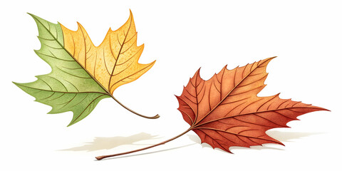 Fototapeta premium Vector of leaves falling together isolated on white background. concept as An elegant vector illustration of two leaves falling side by side representing change and growth during group outdoor bonding