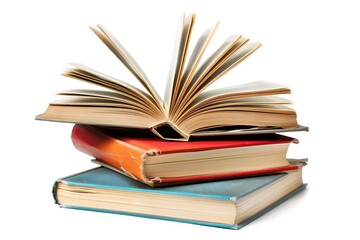 Naklejka premium Open book, hardback books on white background. Back to school. Copy space.