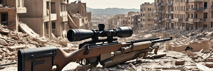 sniper aiming through a rifle scope in a war-torn, desolate urban environment. The rifle, equipped with a high-powered scope, is positioned in the foreground, with the sniper's gloved hand steadying.