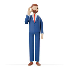 3D illustration of bearded american businessman try to hear you overhear listening intently looking camera. 3D rendering on white background.
