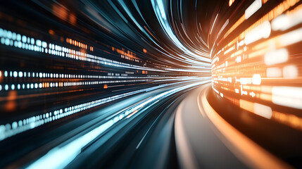 Fototapeta premium A dynamic tunnel abstract image depicting vibrant light trails zooming through a curved space, suggesting speed and energy.