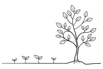 Journey of a Tree, Line Drawing from Birth to Growth - Vector Illustration