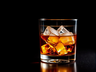 Whiskey with ice in the drinking glass on a black background. Close-up.