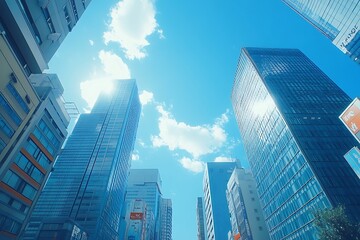 Fototapeta premium Midday Cityscape Reflective Towers and Fluffy Clouds