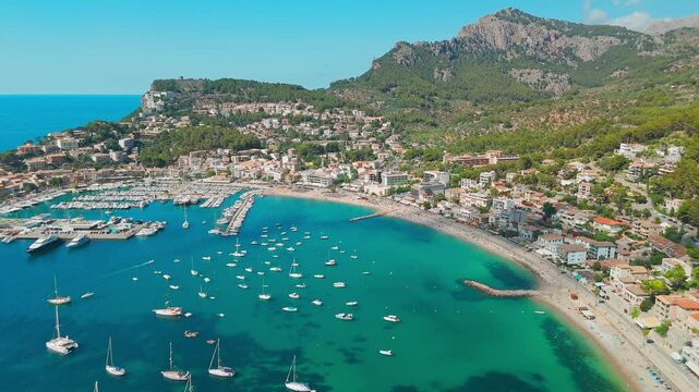 Aerial view of the summer resort town Port de Soller on Mallorca, Spain