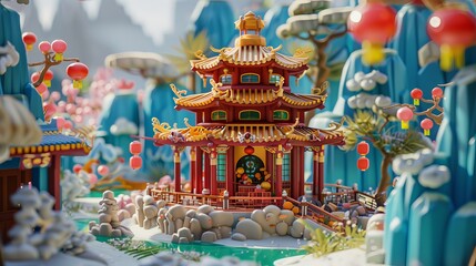 Fototapeta premium Vibrant chinese pagoda with lanterns amidst snowy landscape.