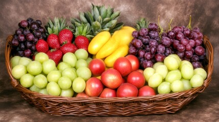 A vibrant arrangement of assorted fruits in a wicker basket, featuring grapes, strawberries, apples, and tropical fruits, ideal for promoting healthy eating, catering services, or decor,