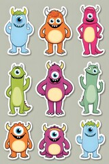 Fototapeta premium Nine Adorable Cartoon Monsters: A Collection of Colorful, One-Eyed Friendly Creatures with Horns and Unique Personalities, Perfect for Kids' Stickers, Prints, or Digital Art