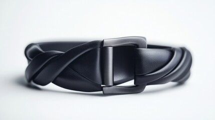Close-up of a twisted black leather belt with a matte metal buckle, isolated against a clean white background. 