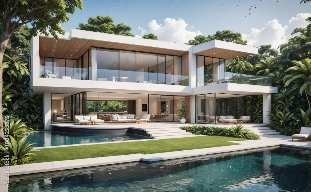 Aufkleber large house with a pool and a large glass window. the house is white and has a lot of windows