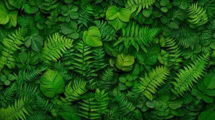 Lush green foliage featuring various ferns and leaves creates a vibrant, natural backdrop, perfect for eco-friendly projects, wellness branding, or nature-themed designs