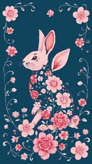 Floral bunny motif in shades of pink and white on a deep blue backdrop with swirling vines and flowers, flowers, cute