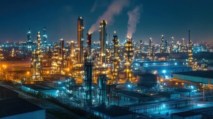 Fototapeta premium Illuminated Refinery Complex at Night with Smoke Plumes