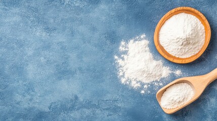 A close-up of flour in a wooden bowl and scoop on a blue textured background, ideal for cooking blogs, recipe books, or baking-related content showcasing ingredients,
