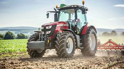 Obraz premium Red tractor plowing field on sunny day in scenic countryside.