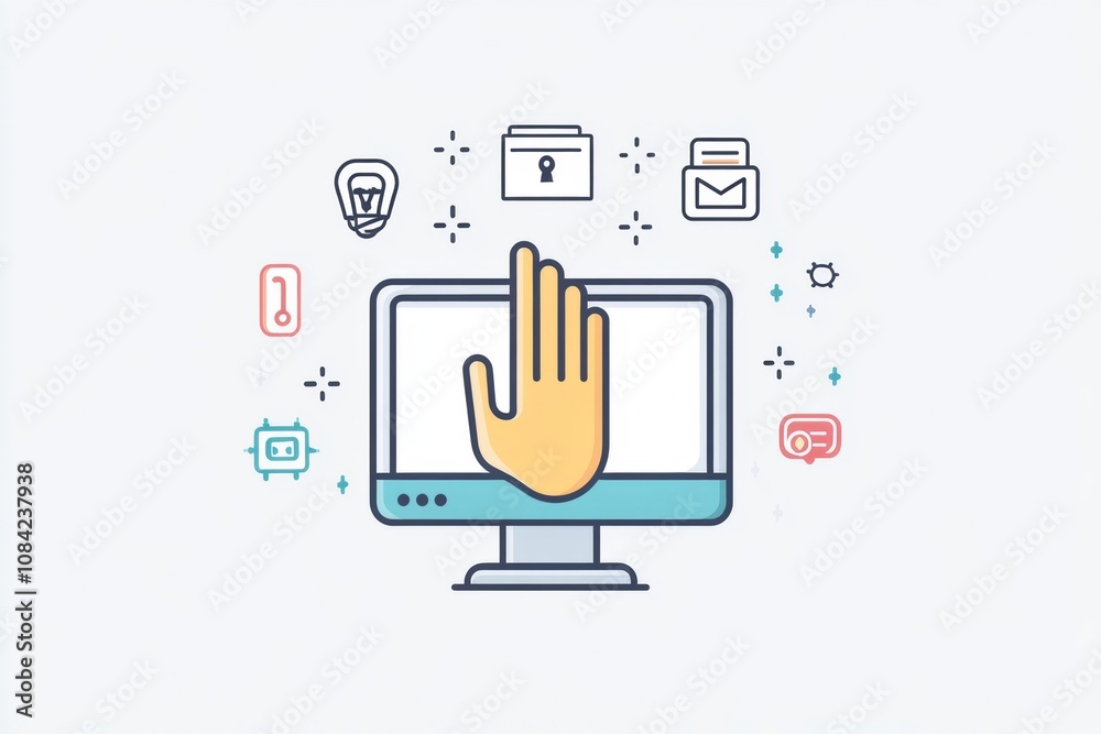 Aufkleber A hand is poised to interact with a computer screen showing settings and security icons, emphasizing user engagement and digital safety. Generative AI