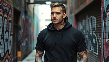 Fototapeta premium black hoodie standing in an urban alleyway with graffiti-covered walls. The man has tattoos on both arms, which are visible beneath the short sleeves of his shirt. The background is slightly blurred