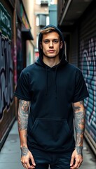 Fototapeta premium black hoodie standing in an urban alleyway with graffiti-covered walls. The man has tattoos on both arms, which are visible beneath the short sleeves of his shirt. The background is slightly blurred