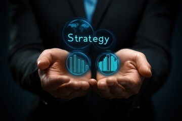 A consultant stands confidently holding interactive virtual icons that represent strategy and data analysis. The setting features an elegant backdrop suitable for business discussions.