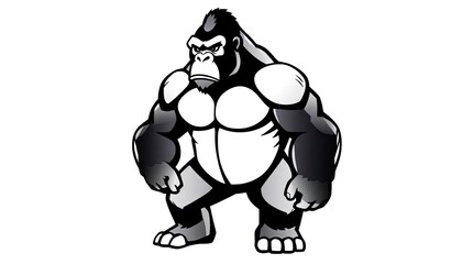 gorilla standing upright. The design emphasizes the gorilla's powerful, muscular build, with broad shoulders, thick arms, and a strong chest. The face is detailed with a stern, focused expression, giv