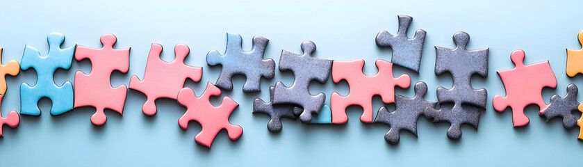 Obraz premium Plain background with individual puzzle pieces scattered copy space on top. concept as Plain background with individual puzzle pieces scattered representing the foundation of teamwork and the importan