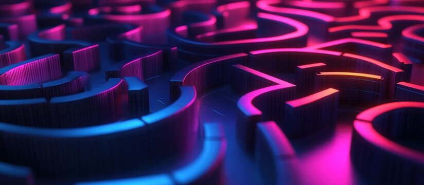 Abstract 3D rendering of a complex maze with pink and blue neon lighting.