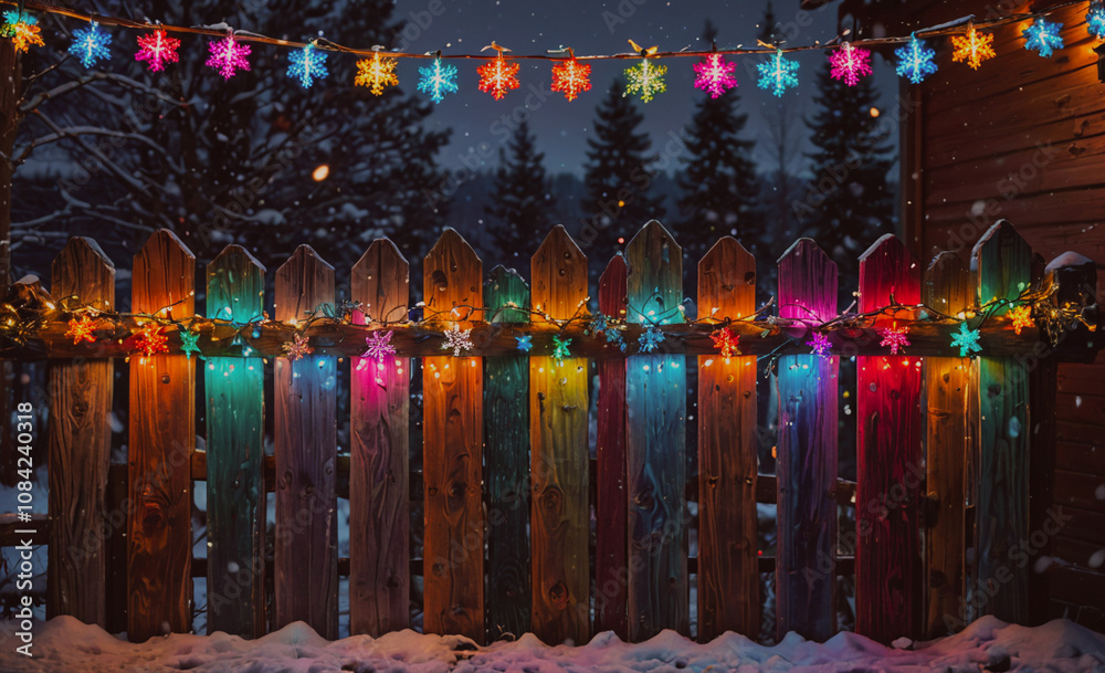 Poster fence with lights on it. the lights are in different colors. the fence is on the side of a house