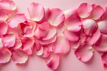 Fototapeta premium Pink rose petals on pink background. Flat lay, top view