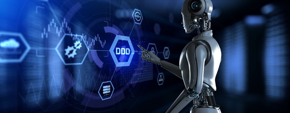 DDD Domain-Driven Design 3D Render Illustrated with a Robot Pressing a Button on a Virtual Screen.