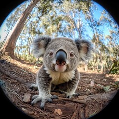 Fototapeta premium This adorable koala curiously walks through its lush, green environment in Australia, showcasing its slow and gentle nature among the trees. The calm atmosphere highlights its cuteness.