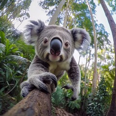 Fototapeta premium A small koala explores its surroundings while clinging to a branch in a vibrant forest filled with tall trees and dense foliage. The atmosphere is peaceful as sunlight filters through the leaves.